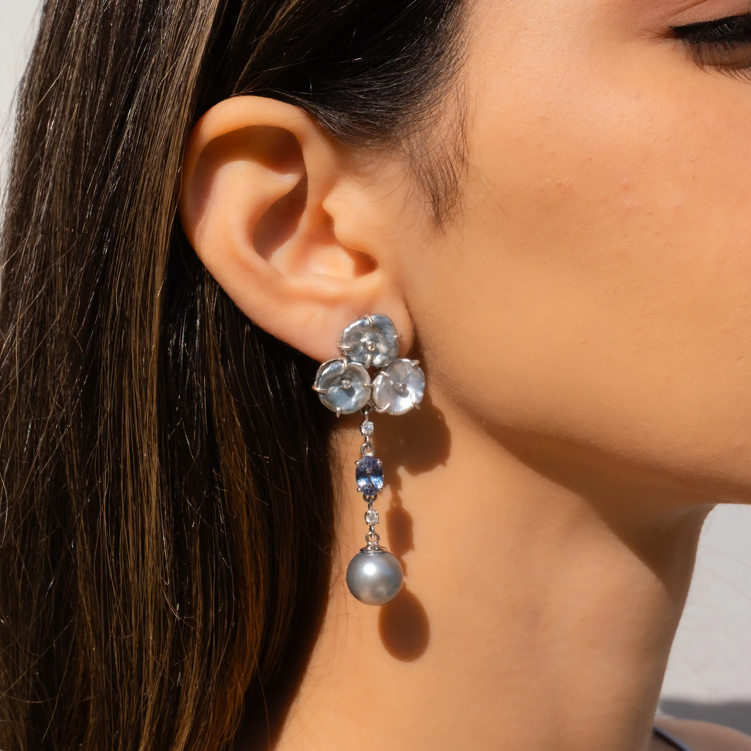 Collector's Edit Tahitian Pearl, Tahitian Keshi Pearl and Tanzanite Earring in 18K White Gold